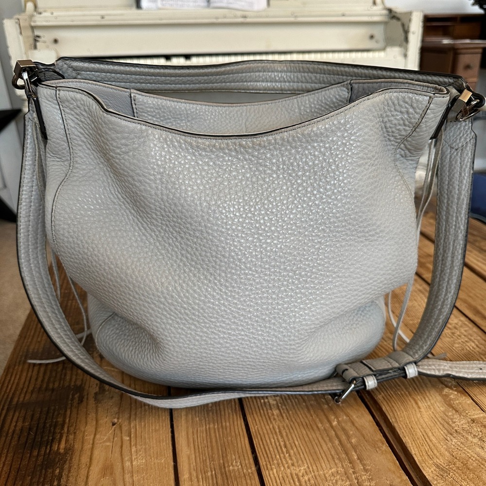 Rebecca Minkoff Light Grey Pebbled Leather Whipstitch Chain Hobo Crossbody Bag